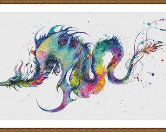 Rainbow Dragon, Watercolor Painting - Counted Cross Stitch Pattern, Cross-stitch, crossstitch, xstitch,x-stitch, chart, Instant Download PDF