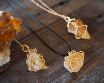 Citrine Necklace Pendant Chunky Raw Citrine Natural Crystal Healing Rose Gold wrapped Gemini Cancer June July Birthday Gift Unusual Unique