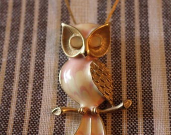 Vintage Owl Necklace, Pink with cream swirl enamel and goldtone