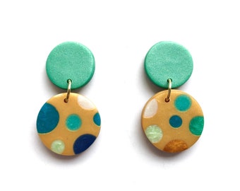 clay polymer earrings earring jewelry dangle dangles teal spots statement metallic gold
