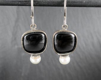 Sterling Silver Faux Onyx & Faux Pearl Earrings | Vintage Women's Earrings