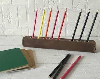 Wood and Leather Desk Organizer, Pencil Holder, Pen Holder, Desk Storage, Office Organizer, Fountain Pen Holder, Wood Pen Stand