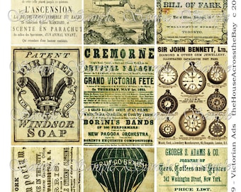 Vintage Victorian Ads ATC ACEO Digital Collage Backgrounds 2.5 x 3.5 Inch Hot Air Balloon Watch Steampunk Grunge Printable Instant Download