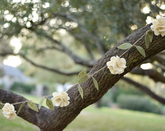 Rustic Felt Flower Garland- Wedding Ivory Rose Garland with Leaves- Hanging Floral Garland