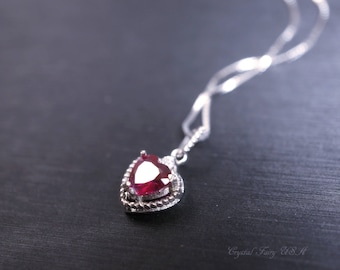Mini Ruby Heart Necklace, Full Sterling Silver Ruby Necklace, Dainty Ruby Jewelry