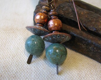 blue green jasper and copper dangle earrings