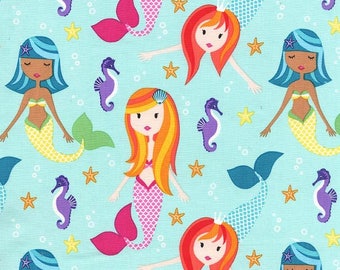 Mermaid Fabric, Sea Horse, Cotton Fabric for Girls, Quilting Fabric By The Yard, Fat Quarter, Michael Miller, Designer Fabric, 1 Yard Fabric
