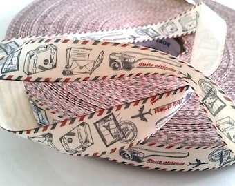 Ribbon print fabric 100% cotton VINTAGE mail travel vacation sewing AIR MAIL letter 20 mm