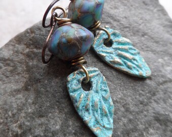 Blissful Wings ... Artisan-Made Bicone Lampwork, Bronze Charm and Brass Wire-Wrapped Boho, Organic, Wing Earrings