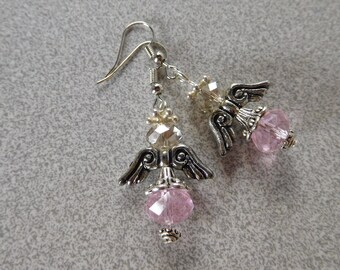 Earrings "Angels" 10 mm pink and clear faceted glass bead