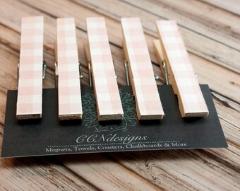 Pink Gingham Clothespin Magnets, Set of 5