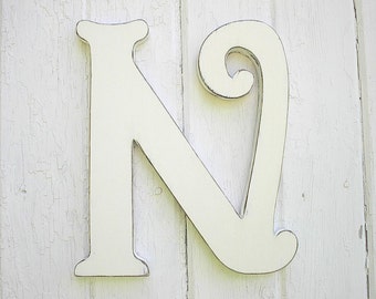 Wooden Letters, Decorative N, 12 inch, Distressed, White wall art, Shabby chic decor