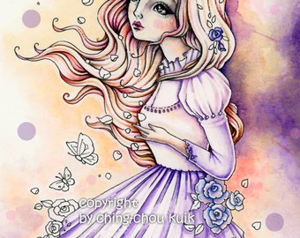 Turn Into The Wind- Instant Download Digital Stamp/ Rose Flower Butterly Moth Fantasy Art Fairy Girl by Ching-Chou Kuik
