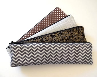 Makeup Brush Holder, Slim Pencil Case, Small Cosmetic Bag, Makeup Bag, Long Zipper Pouch - 4 Selections, Silver, Golden, Cray,Chevron,Floral