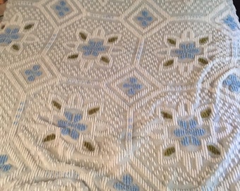 vintage blue and green 76x104 twin size chenile bedspread,twin blanket