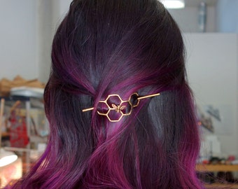 Hair Clip Bun Pin Mini Honeycomb Brass Handmade Hair Bun Slide Pin // hair clip // hair barrette // pony tail holder