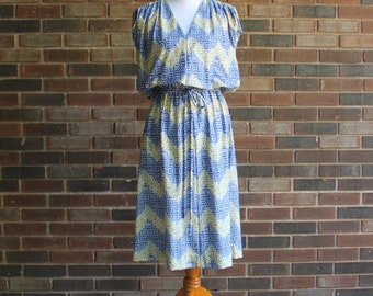 1970s Blue and Yellow Abstract Day Dress