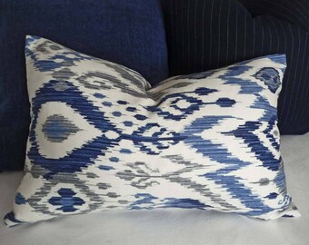Blue Ikat Lumbar Pillows, Blue Decorative Pillows, Blue White Grey Pillow Covers, Housewarming Gift, Fall Decor, 12x18, 12x20, 14x20