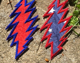 SALE! U.S. Blues 13 point lightning bolt handmade Grateful Dead patch, iron on. Wave it wide and high. red/blue, Jerry Garcia, upcycled