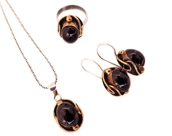 Vintage Sterling Silver and Onyx Modernist Parure Jewellery Set, Necklace, Earrings and Ring