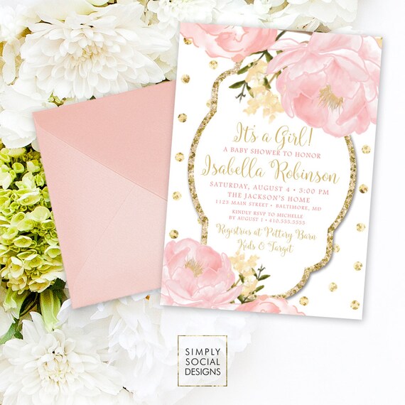 Peony Baby Shower Invitation Personalized Custom Floral