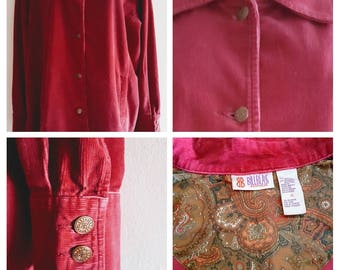 80s/90s Bill Blass Stylish Burgundy Red Cotton Corduroy Vintage Shirt Blazer, Sz, Womens, XL