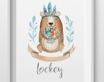 Personalized Woodland animal bear vinyl foil print. nursery print.