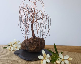 Copper wire Weeping Willow on driftwood and slate base