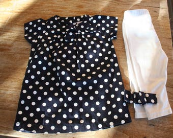 Dress tunic and pants baby girl 9 months. Navy Blue Polka dots. Baby, kids clothing. 90 s. Vintage French.