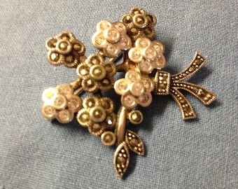 Sterling Marcasite & CZ Flower Brooch