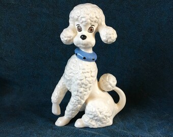 Vintage Ceramic White French Poodle with Blue Collar, Poodle Statue