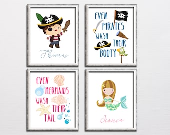 Pirate and mermaid personalized kids bathroom printable art set, custom kids bathroom wall art, kids bathroom decor download