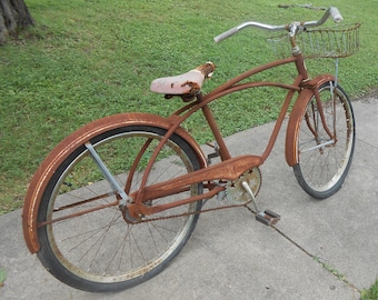 Antique Firestone Bicycle Barn Condition Heavy Metal Cruiser with Basket All Original Vintage Cycling Rusty Restoration Project