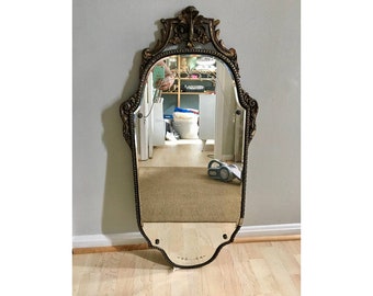 Nurre Maestro Antique 1929 Beveled Wall Mirror Etched Floral Carved Ornate Wood Carved Design New Beauty