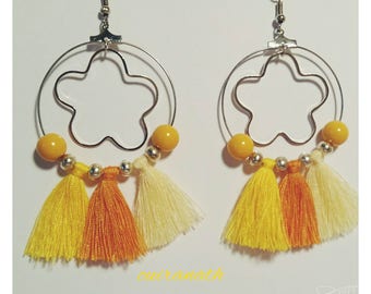 Earrings creole women silver and mustard yellow tassel Bohemian style
