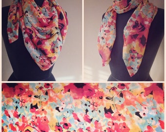 Handmade ooak silky floral spring square scarf