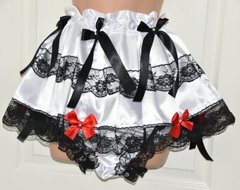 Sumptuous Sissy Delight (SD) skirted sleeved panties in red and black with black lace, slithering sensual satin - Sissy Lingerie JS302X