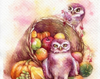 PRINT – fruits owl Watercolor painting 7.5 x 11”
