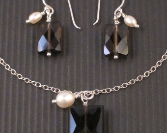 Smoky Quartz and Freshwater Pearl Necklace and Earring Set