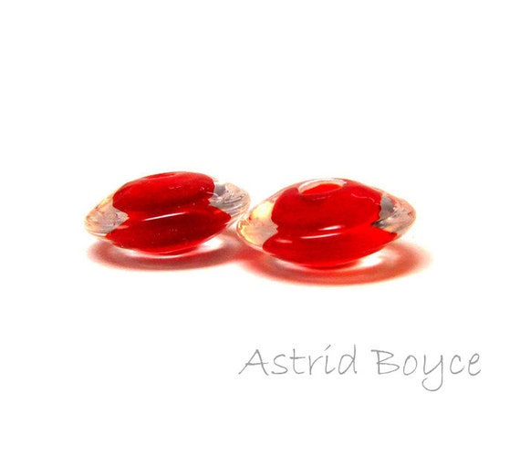 Brilliant Scarlet Disks Artisan Lampwork Glass Bead Pair - disk shape - Free USA Shipping - Glass for Necklaces - Opaque Red and Clear Glass