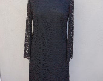 1950s Black Lace Dress, Long Sleeve Dress, Mid Length Dress, Black Dress, Bell Sleeves, 50s Black Dress, Scalloped Dress, Conservative Dress