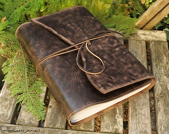 A4, Large, Distressed Leather Journal, Leather Wraparound Journal, Dark Brown Leather, Wrap Notebook, Blank Book, Rustic Wedding Guestbook.
