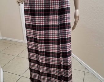 1990's Charter Club Wool Blend Long Red, Grey and Black Plaid Wrap Skirt Fringed