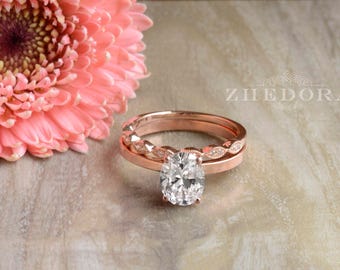 2.25 CT Oval Cut Flat Band Solitaire Engagement Wedding Ring with Milgrain Wedding band in 14k/18k Gold Bridal Set