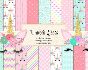 Unicorn Faces Digital Papers and Clipart, rainbow pastel unicorn graphics for scrapbooking, invitations, planners, printable birthday props
