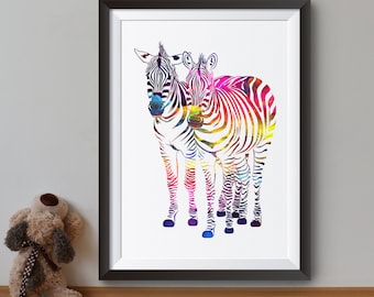 Two Zebras Art Print - Colorful Zebra Poster - Animal Illustration - Colorful Wall Art - Home Decor