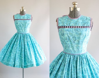 Vintage 1950s Dress / 50s Cotton Dress /Turquoise Floral Dress w/ Lavender Cut Out Yoke XS