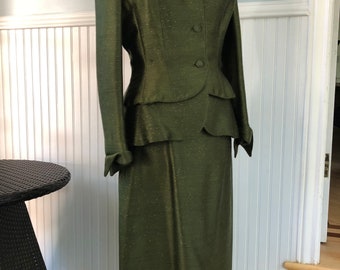 Exquisity Vintage 50s Lilli Ann Olive Green Suit Pencil Skirt