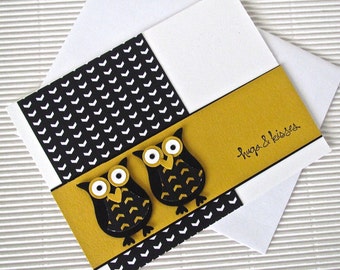 Hugs & kisses owls card handmade stamped friendship love anniversary black yellow punch art stationery greeting party supplie
