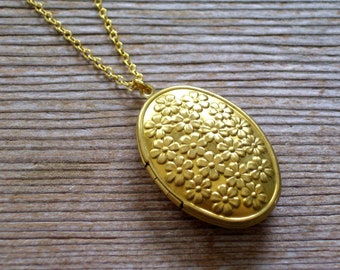 Cherry Blossom Locket, Art Deco Floral Locket, Gold Brass Locket Necklace, Pendant Necklace, Flower Locket, Bridal Locket, Mother's Day